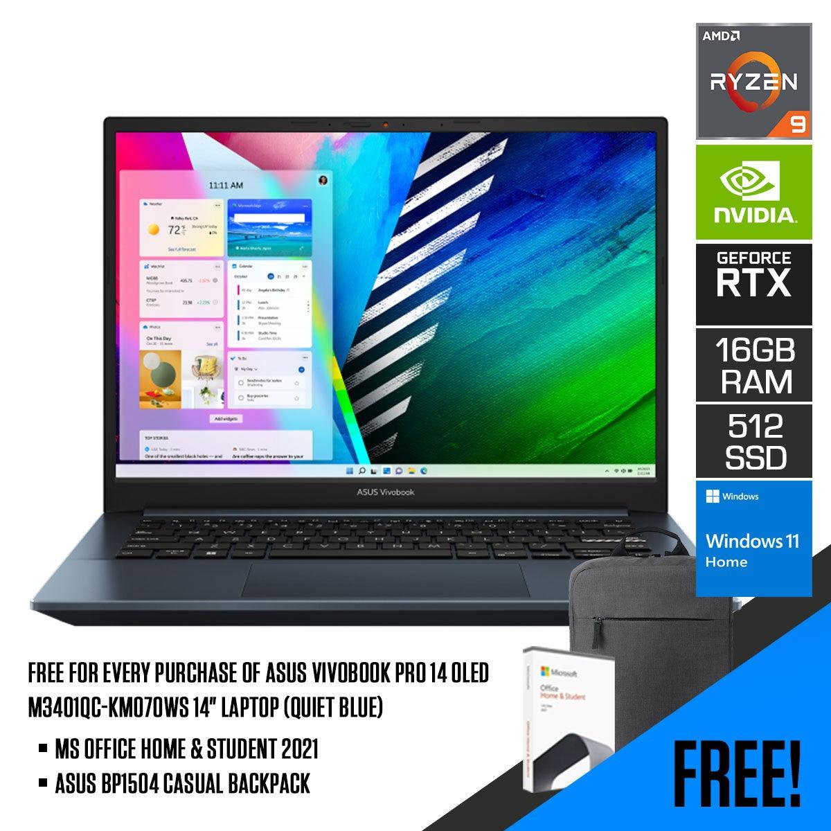 ASUS Vivobook Pro 14 OLED M3401QC-KM070WS Laptop (Quiet Blue) | 14" OLED |  RTX™ 3050 | Windows 11 Home | MS Office Home & Student 2021 | ASUS BP1504 Casual Backpack - DataBlitz
