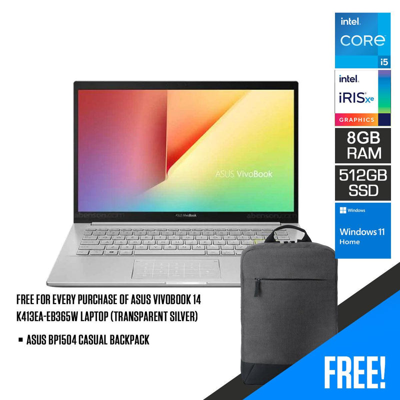 ASUS Vivobook 14 K413EA-EB365W Laptop (Transparent Silver) | 14" FHD | i5-1135G7 | 8GB DDR4 | 512GB SSD |  Intel Iris Xᵉ | Windows 11 Home | ASUS BP1504 Casual Backpack - DataBlitz