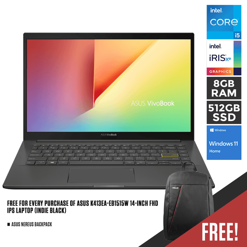 ASUS K413EA-EB1515W IPS LAPTOP (INDIE BLACK) | 14" FHD | i5-1135G7 | 8GB DDR4 | 512GB SSD | IRIS XE | WIN11 + ASUS NEREUS BACKPACK (BLACK) - DataBlitz