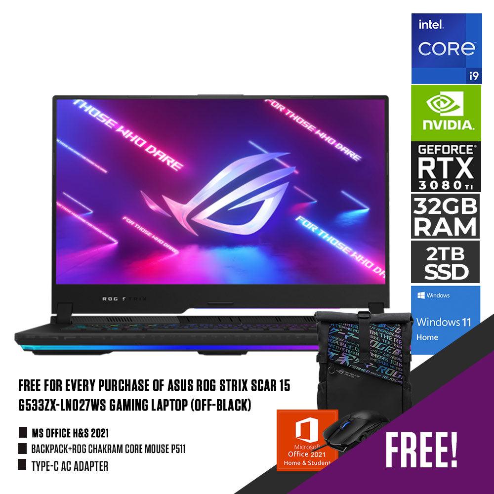 Asus Rog Strix Scar 15 G533ZX-LN027WS Gaming Laptop (Off-Black) | 15.6” WQHD | i9-12900H | 32GB DDR5 | 2TB SSD | Win11 +MS Office H&S 2021+Backpack+Rog Chakram Core Mouse P511+Type-C Ac Adapter - DataBlitz