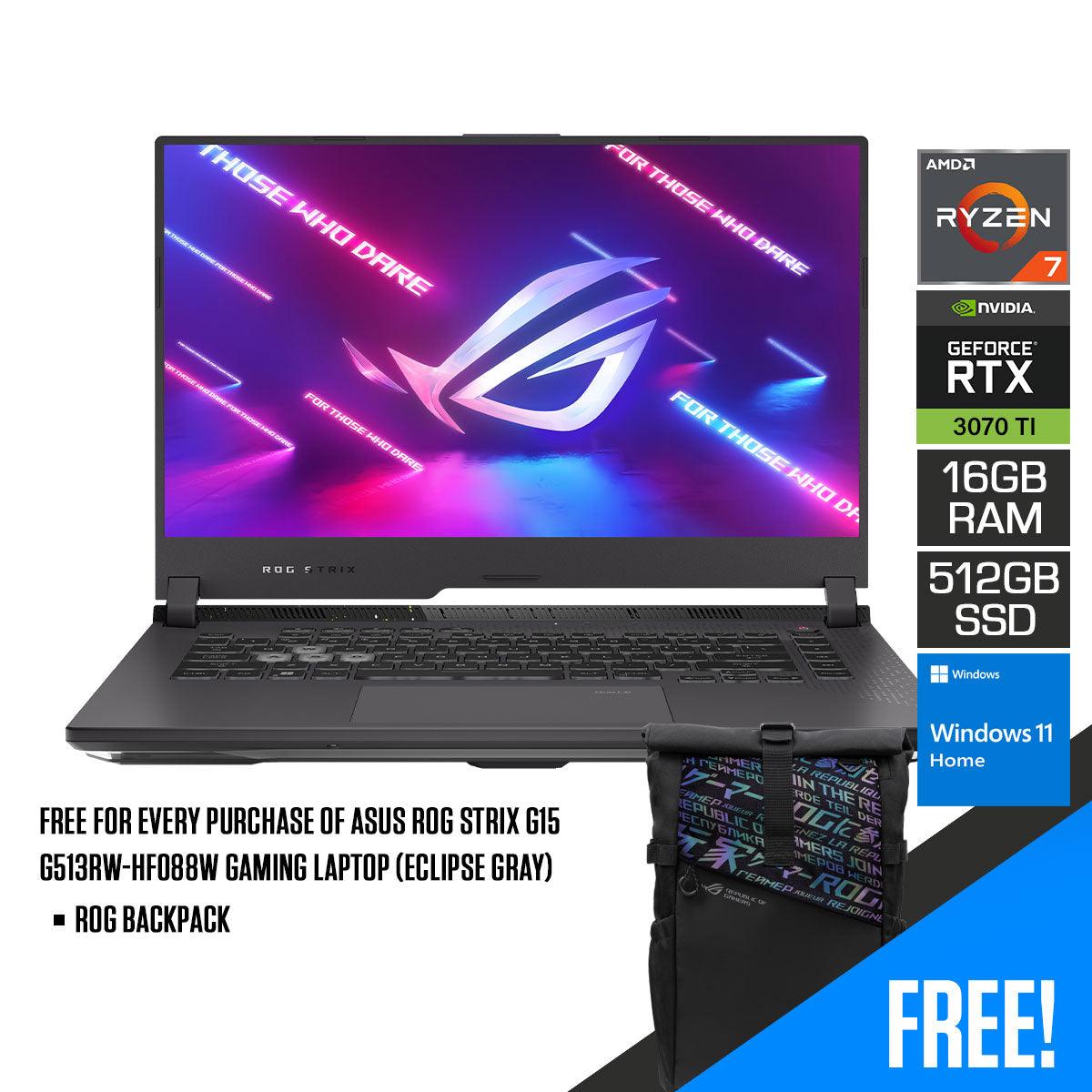 ASUS ROG Strix G15 G513RW-HF088W Gaming Laptop (Eclipse Gray) | 15.6" FHD | Ryzen™ 7 6800H | 16GB DDR5 | 512 GB SSD | RTX™ 3070 TI | Windows 11 Home | ROG Backpack - DataBlitz