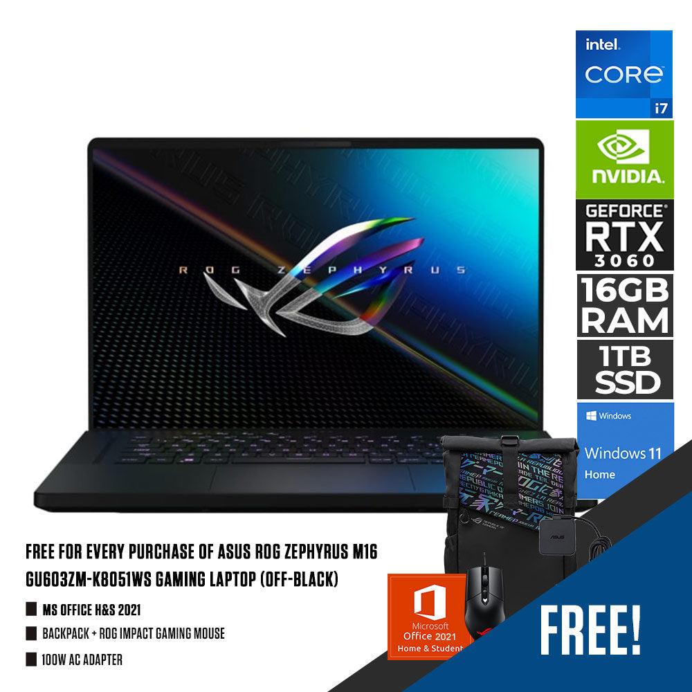 Asus Rog Zephyrus M16 GU603ZM-K8051WS Gaming Laptop (Off-Black) | 16” WQXGA | i7-12700H | 16GB DDR5 | 1TB SSD | RTX 3060 | WIN11 + MS Office H&S 2021 + Backpack + ROG Impact Gaming Mouse + 100w AC Adapter - DataBlitz