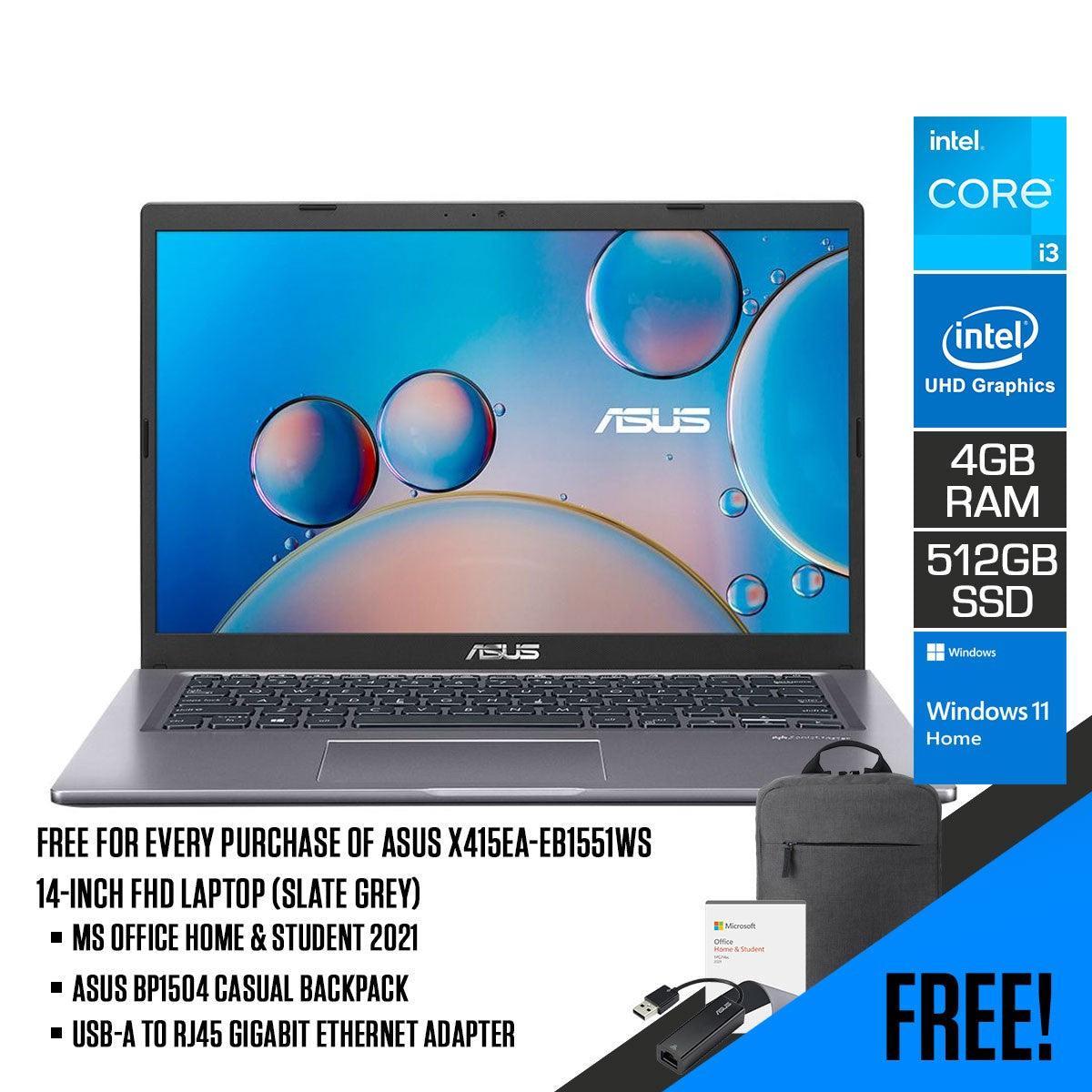 ASUS X415EA-EB1551WS Laptop (Slate Grey) | 14” FHD | i3-1115G4 | 4GB DDR4 | 512 GB SSD | INTEL UHD | Windows 11 Home |  MS Office Home & Student 2021 | BP1504 Casual Backpack | USB-A TO RJ45 Gigabit Ethernet Adapter - DataBlitz