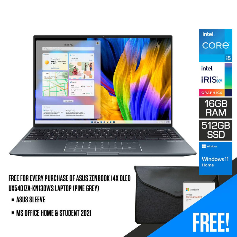 Asus Zenbook 14X OLED UX5401ZA-KN130WS Laptop (Pine Grey) | 14" 2.8K |  i5-12500H | 16GB RAM | 512GB SSD | Intel Iris Xᵉ Graphics | Windows 11 Home | MS Office Home & Student 2021 | Asus Sleeve - DataBlitz
