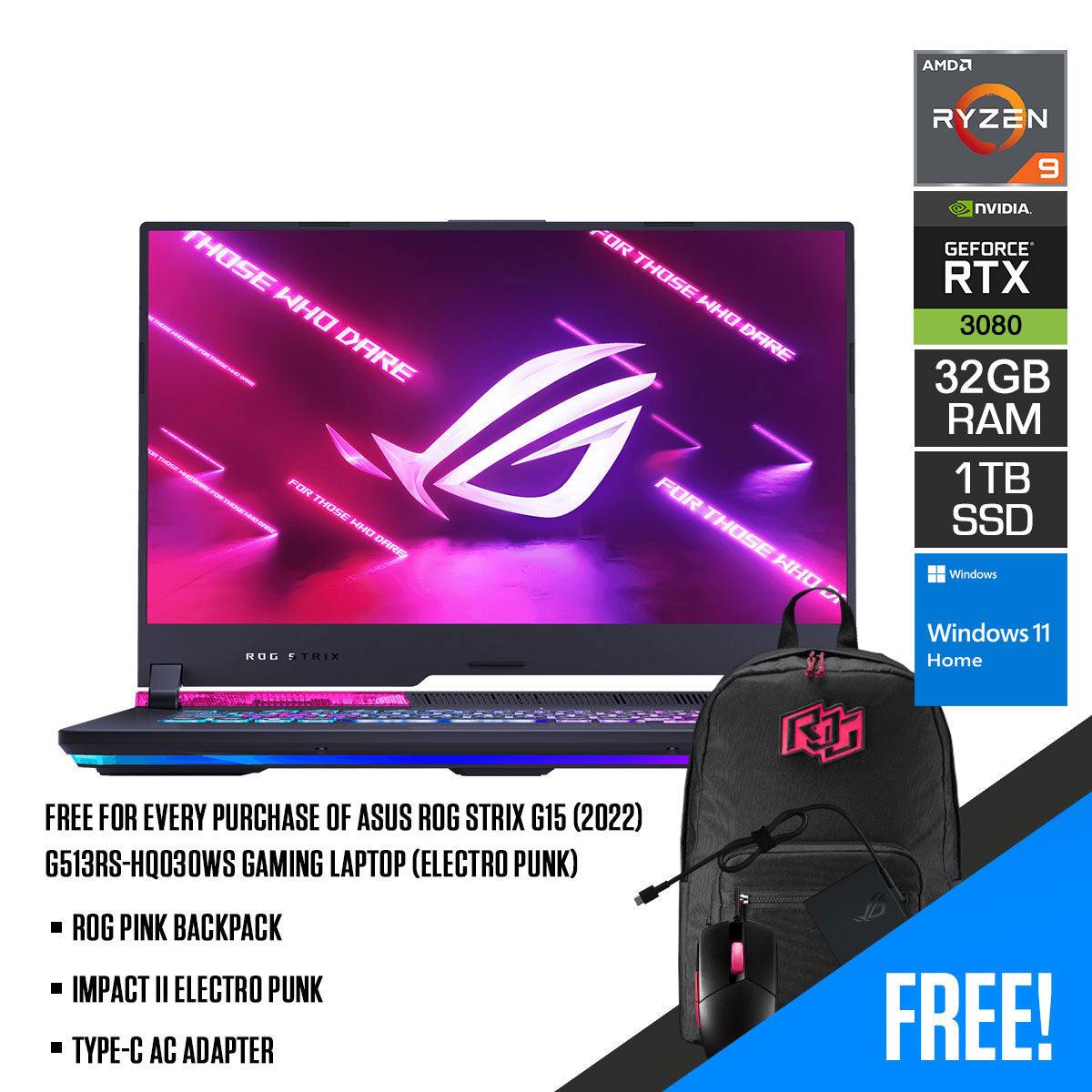 Asus ROG Strix G15 (2022) G513RS-HQ030WS Gaming Laptop (Electro Punk) | 15.6” WQHD | Ryzen 9 6900HX | 32GB RAM | 1TB M.2 SSD | RTX 3080 | Windows 11 Home | ROG Pink Backpack | Impact II Electro Punk | Type-C AC Adapter - DataBlitz