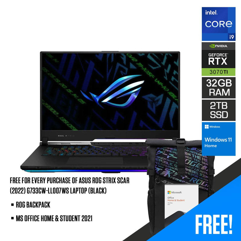 Asus ROG Strix Scar (2022) G733CW-LL007WS Laptop (Black) | 17" WQHD | i9-12950HX | 32GB RAM | 2TB M.2 SSD | RTX 3070 Ti | Windows 11 Home | MS Office Home & Student 2021 | ROG Backpack - DataBlitz