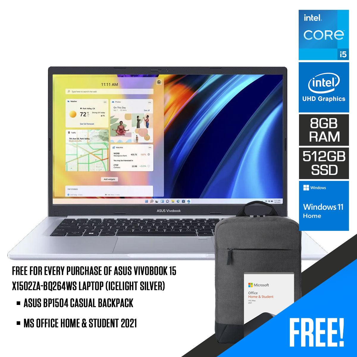 Asus Vivobook 15 X1502ZA-BQ264WS Laptop (Icelight Silver) | 15.6" FHD | i5-1240P | 8GB RAM | 512GB SSD | Intel UHD Graphics | Windows 11 Home | MS Office H&S 2021 | Asus BP1504 Casual Backpack - DataBlitz