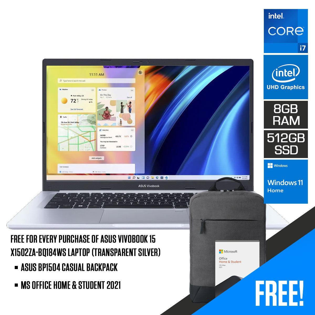Asus Vivobook 15 X1502ZA-BQ184WS  Laptop (Transparent Silver) | 15.6" FHD | i7-1260P | 8GB RAM | 512GB SSD | Intel UHD Graphics | Windows 11 Home | MS Office H&S 2021 | Asus BP1504 Casual Backpack - DataBlitz
