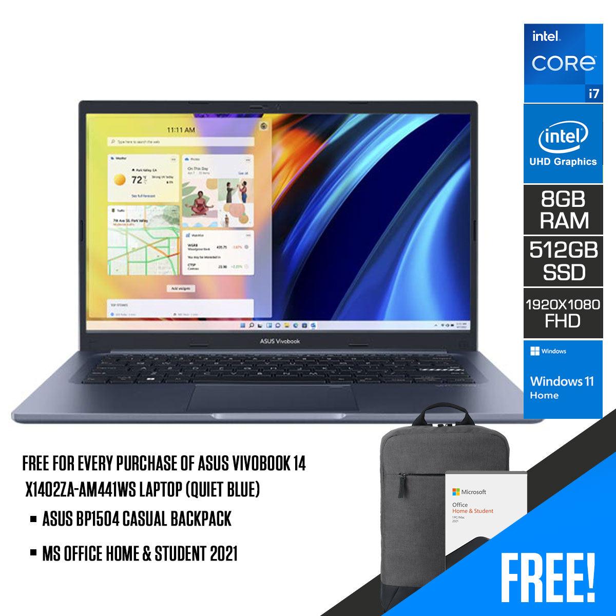 Asus Vivobook 14 X1402ZA-AM441WS Laptop (Quiet Blue) | 14" FHD | i7-1260P | 8GB RAM | 512GB SSD | Intel® UHD Graphics | Windows 11 Home | MS Office Home & Student 2021 | Asus BP1504 Casual Backpack - DataBlitz