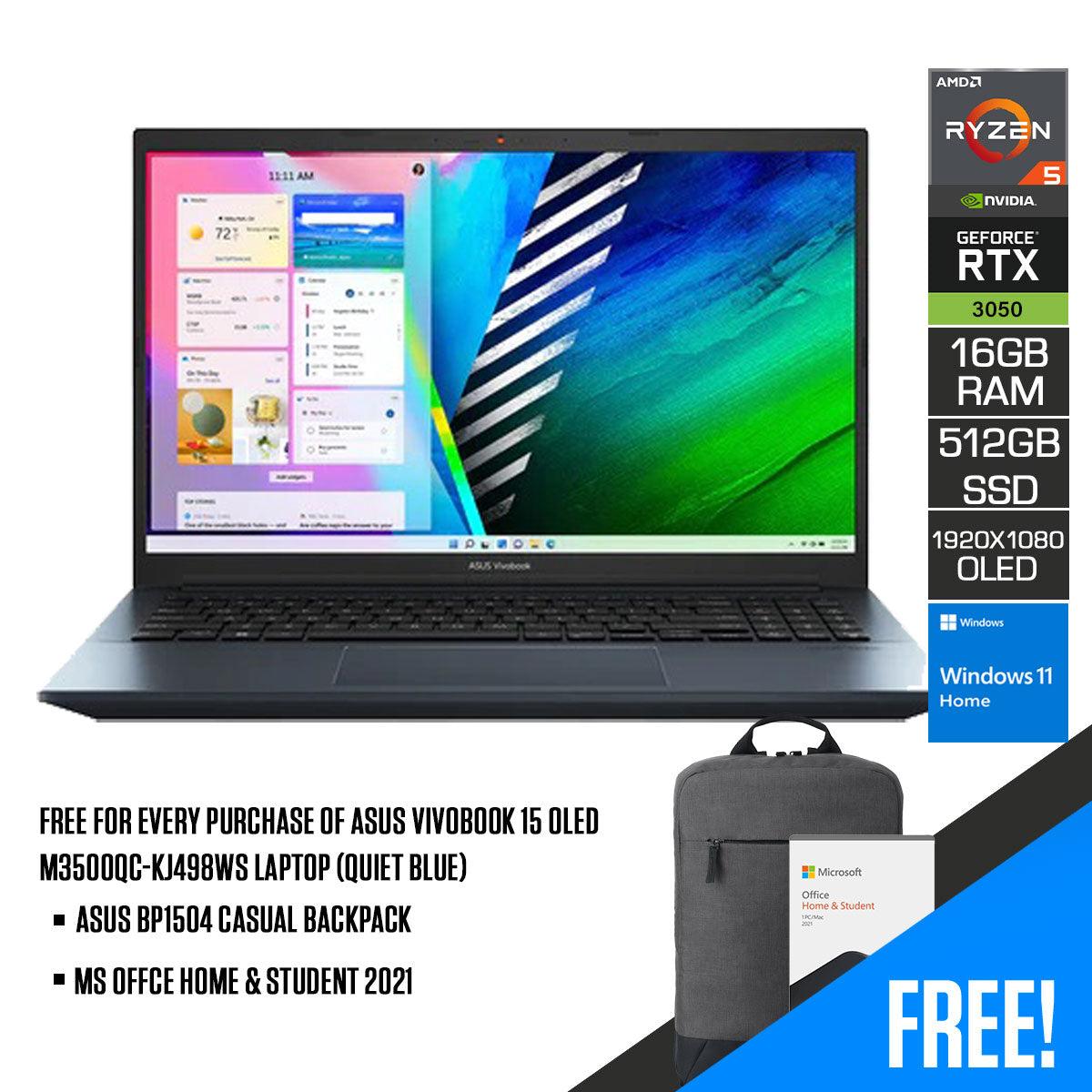 Asus Vivobook 15 OLED M3500QC-KJ498WS Laptop (Quiet Blue) | 15.6” FHD (1920 x 1080) | Ryzen™ 5 5600H | 512 GB SSD | RTX 3050 | Windows 11 Home | MS Office Home & Student 2021 | Asus BP1504 Casual Backpack - DataBlitz