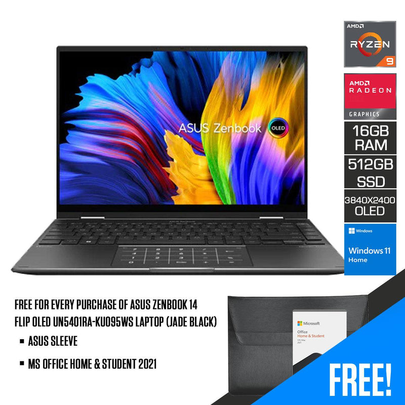 Asus Zenbook 14 Flip OLED UN5401RA-KU095WS Laptop (Jade Black) | 14" 4K (3840 x 2400) OLED | Ryzen™ 9 6900HX | 16GB LPDDR5 RAM | 512GB SSD | AMD Radeon™ Graphics | Windows 11 Home | MS Office Home & Student 2021 | Asus Sleeve - DataBlitz