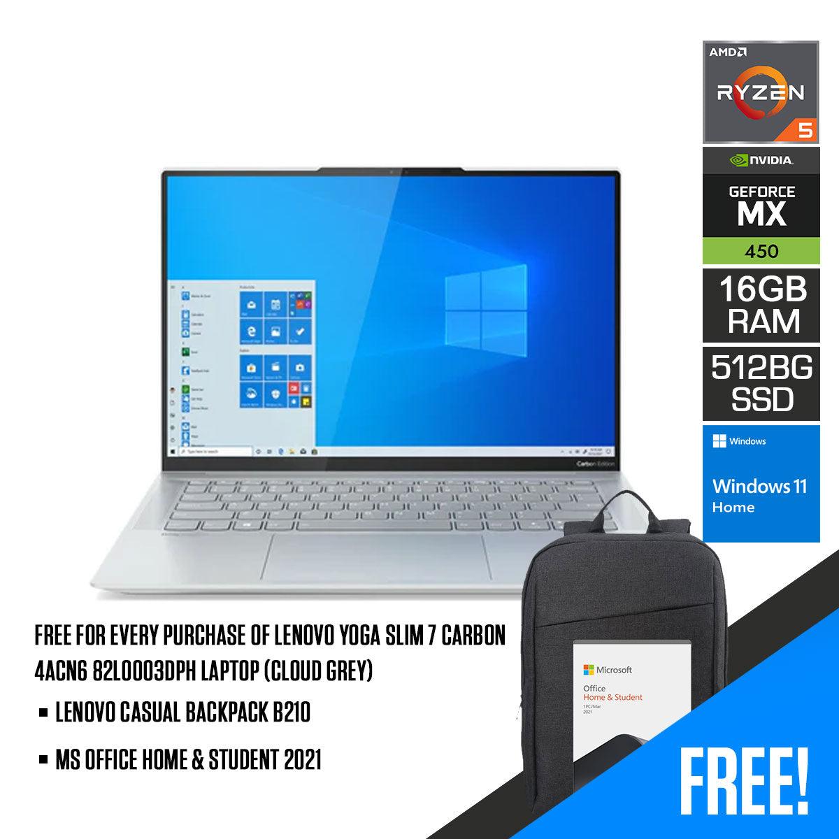 Lenovo Yoga Slim 7 Carbon 14ACN6 82L0003DPH Laptop (Cloud Grey) | 14”  2.8K Oled | Ryzen 5 5600U | 16 GB DDR4 | 512 GB SSD | MX450 | Windows 11 Home | MS Office Home & Student 2021 + Lenovo Casual Backpack B210 - DataBlitz