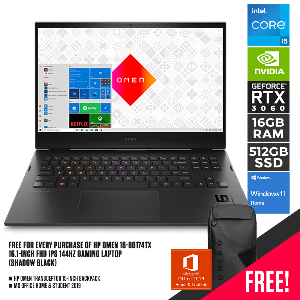 HP OMEN 16-B0174TX 144HZ GAMING LAPTOP (SHADOW BLACK) | 16.1" FHD | i5-11400H | 16GB DDR4 | 512GB SSD | RTX 3060 | WIN11 + MS OFFICE HOME & STUDENT HP OMEN TRANSCEPTOR BACKPACK (BLACK) - DataBlitz
