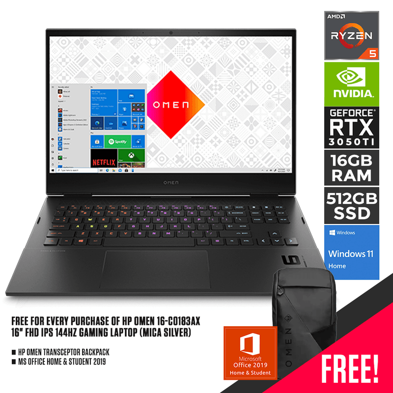 HP OMEN 16-C0183AX 144HZ GAMING LAPTOP (MICA SILVER) | 16" FHD | AMD RYZEN 5 5600H | 16GB DDR4 | 512GB SSD | RTX 3050 TI | WIN11 + MS OFFICE HOME & STUDENT HP OMEN TRANSCEPTOR BACKPACK - DataBlitz