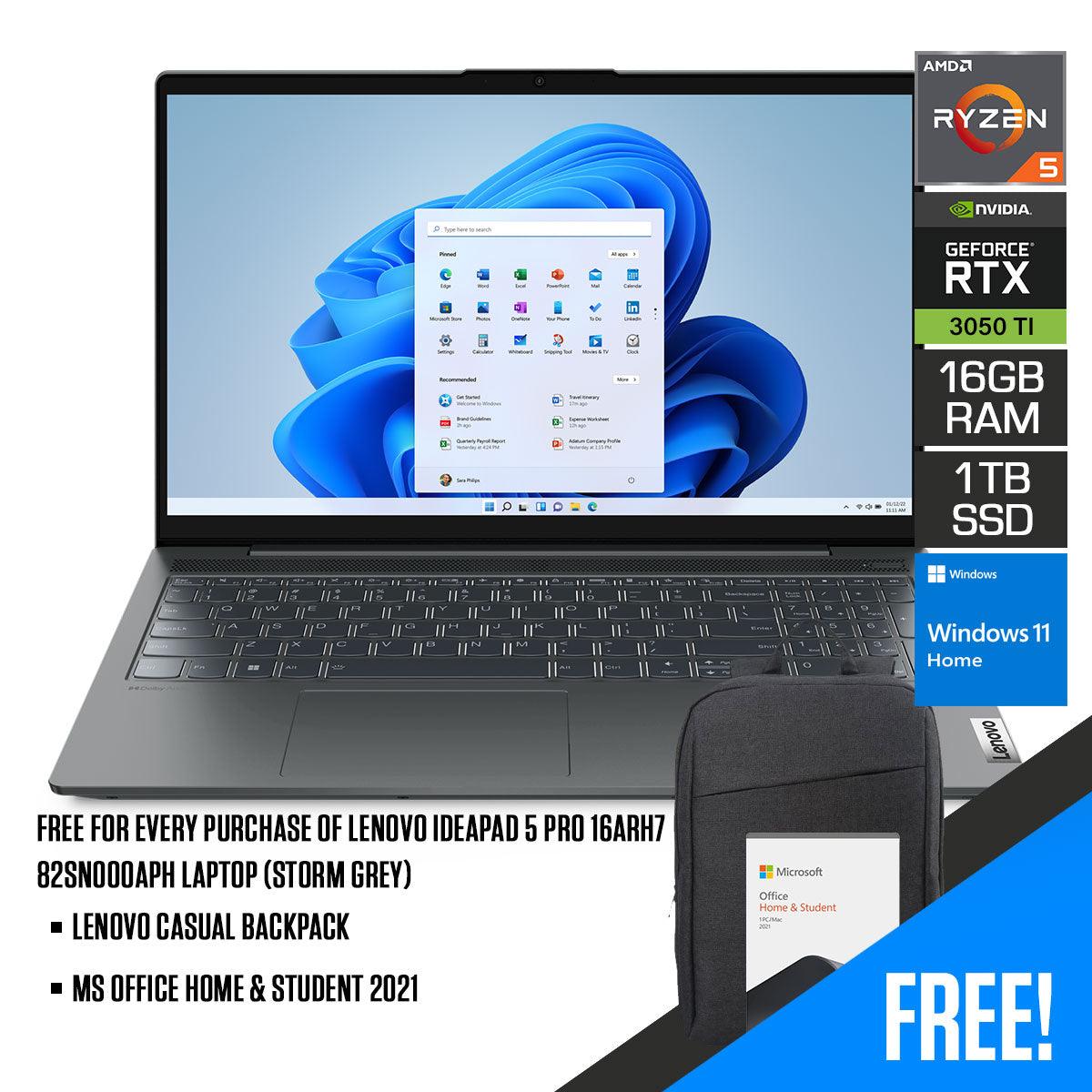 Lenovo Ideapad 5 Pro 16ARH7 82SN000APH Laptop (Storm Grey) | 16”  2.5K | Ryzen 5 6600HS | 16GB RAM DDR5 | 1TB SSD | Windows 11 Home | MS Office H&S 2021 | Lenovo Casual Backpack B210 - DataBlitz