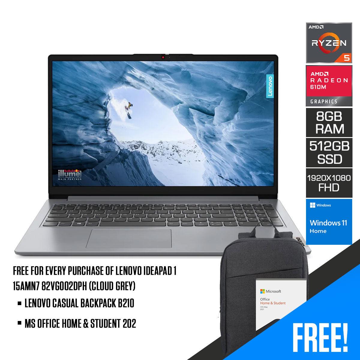 Lenovo Ideapad 1 15AMN7 82VG002DPH (Cloud Grey) | 15.6" FHD (1920x1080) | Ryzen 5 7520U | 8GB RAM | 512GB SSD | Radeon 610M | Windows 11 Home | MS Office Home & Student 2021 | Lenovo Casual Backpack B210 - DataBlitz