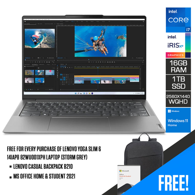 Lenovo Yoga Slim 6 14IAP8 82WU001XPH Laptop (Storm Grey) | 14" 2.8K (2880x1800) | i7-1260P | 16GB RAM | 1TB SSD | Intel Iris Xe Graphics | Windows 11 Home | MS Office Home & Student 2021 | Lenovo Casual Backpack B210