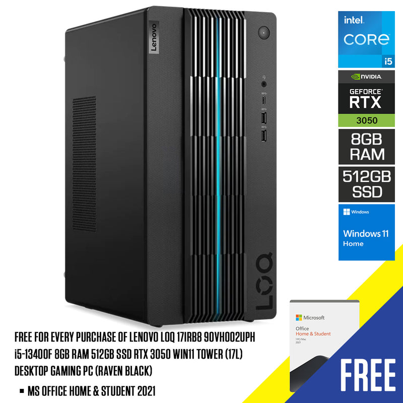 Lenovo LOQ 17IRB8 90VH002UPH i5-13400F 8GB RAM 512GB SSD RTX 3050 Win11 Tower (17L) Desktop Gaming PC (Raven Black) + MS Office Home & Student 2021