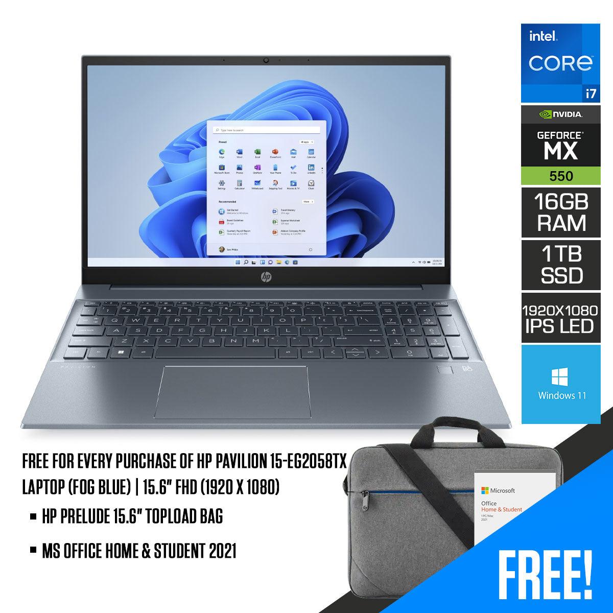 HP Pavilion 15-EG2058TX Laptop (Fog Blue) | 15.6" FHD (1920 x 1080) IPS LED | i7-1255U | 16 GB DDR4 RAM | 1 TB SSD | NVIDIA GeForce MX550 | Windows 11 | MS Office Home & Student 2021 | HP PRELUDE 15.6" Topload Bag - DataBlitz