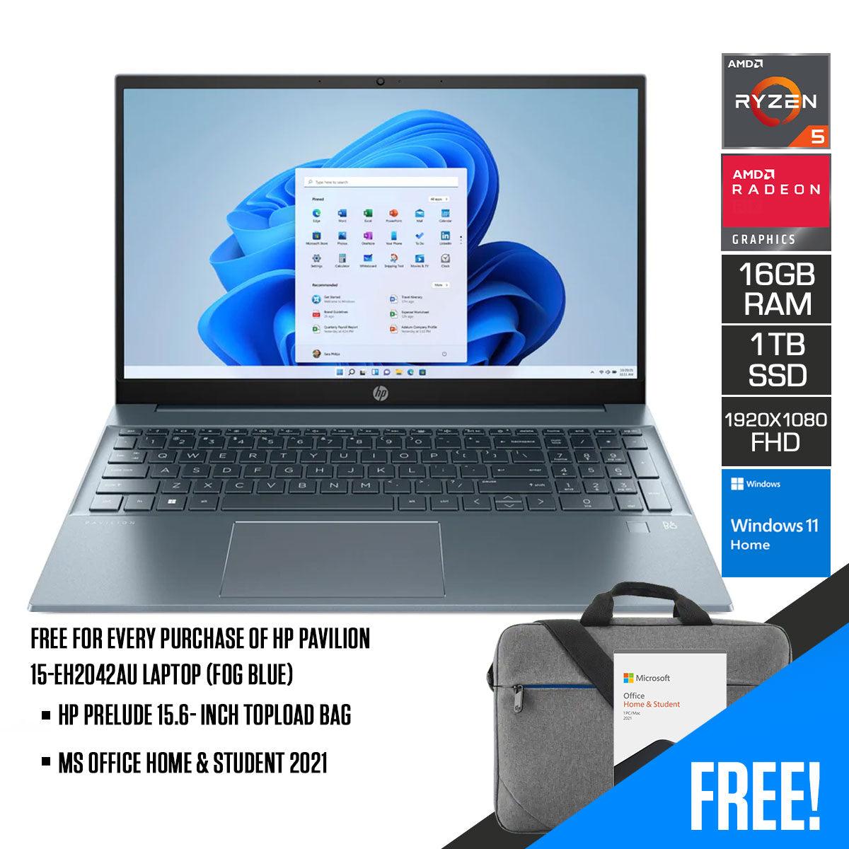 HP Pavilion 15-EH2042AU Laptop (Fog Blue) | 15.6” FHD | Ryzen 5 5625U | 16GB DDR4 | 1TB M.2 SSD | AMD Radeon Graphics | Windows 11 Home | MS Office Home & Student 2021 | HP Prelude 15.6- Inch Topload Bag - DataBlitz