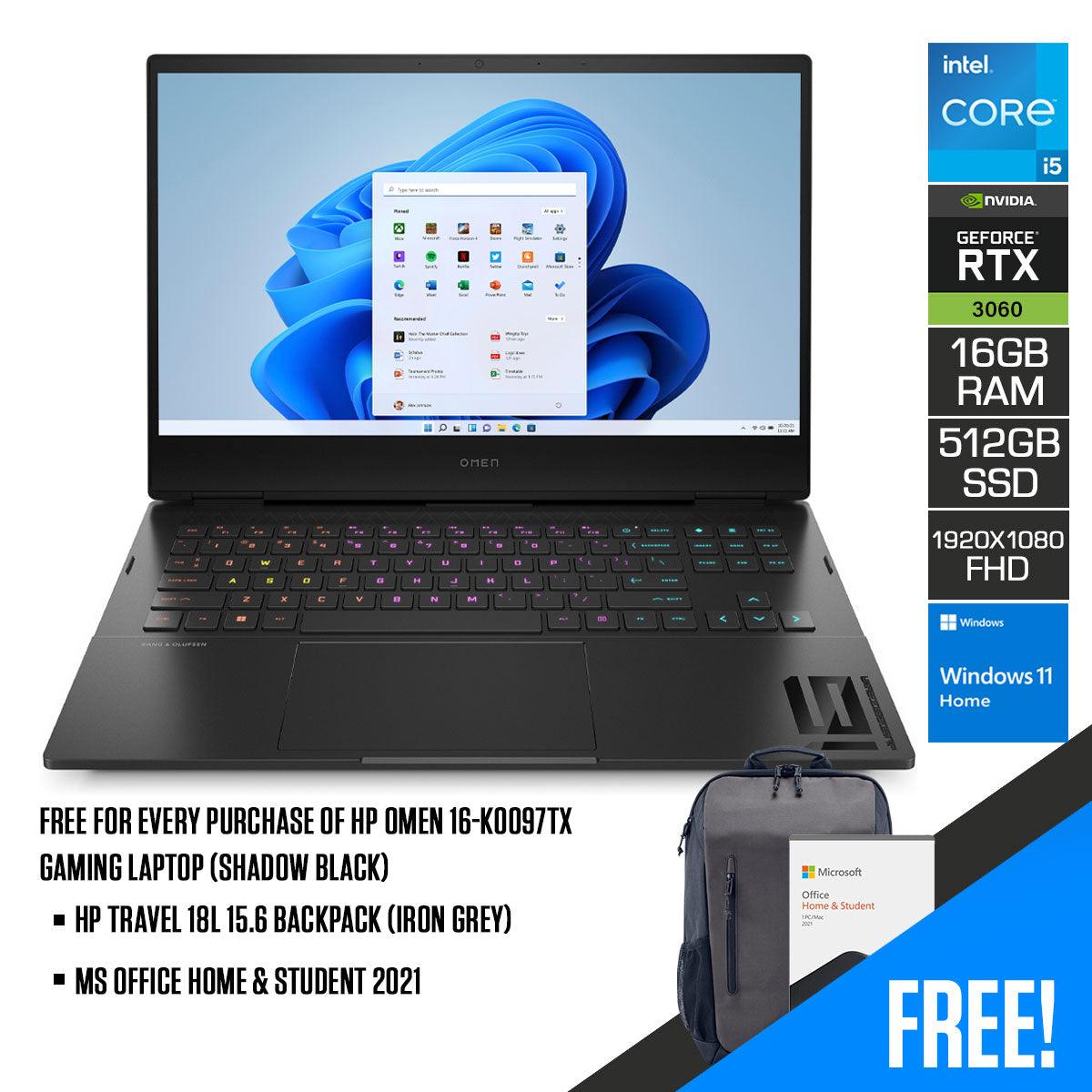 HP Omen 16-K0097TX Gaming Laptop (Shadow Black) | 16.1" FHD IPS (1920 x 1080) | i5-12500H | 16GB RAM | 512GB SSD | RTX™ 3060 | Windows 11 | MS Office Home & Student 2021 | HP Travel 18L 15.6 Backpack (Iron Grey) - DataBlitz