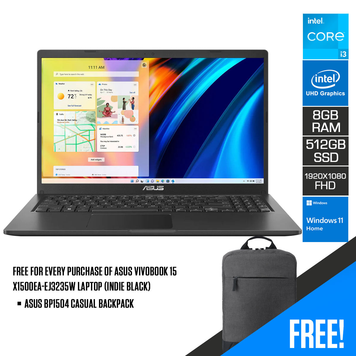 Asus Vivobook 15 X1500EA-EJ3235W Laptop (Indie Black) | 15.6" FHD (1920 x 1080) | i3-1115G4 | 8GB RAM | 512GB SSD | Intel UHD Graphics | Windows 11 Home | Asus BP1504 Casual Backpack