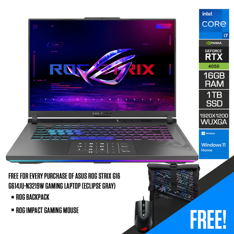 Asus ROG Strix G16 G614JU-N3219W Gaming Laptop (Eclipse Gray) | 16" FHD+ (1920 x 1200, WUXGA) | i7-13650HX | 16GB RAM | 1TB SSD | RTX™ 4050 | Windows 11 Home | ROG Backpack | ROG Impact Gaming Mouse