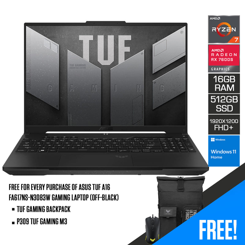 Asus TUF Gaming A16 Advantage Edition FA617NS-N3083W Gaming Laptop (Off-Black) | 16” FHD+ (1920x1200) | Ryzen 7 7735HS | 16GB RAM | 512GB SSD | AMD Radeon RX 7600S | Windows 11 Home | Asus TUF Gaming M3 Mouse | TUF Gaming Backpack