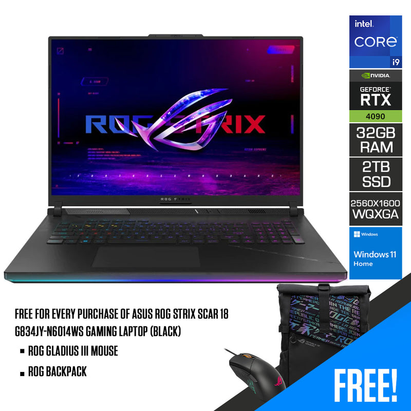 Asus ROG Strix Scar 18 G834JY-N6014WS Gaming Laptop (Black) | 18" QHD+ (2560x1600 WQXGA) | i9 13980HX | 32GB RAM | 2TB SSD | RTX 4090 | Windows 11 Home | ROG Gladius III Mouse | ROG Backpack