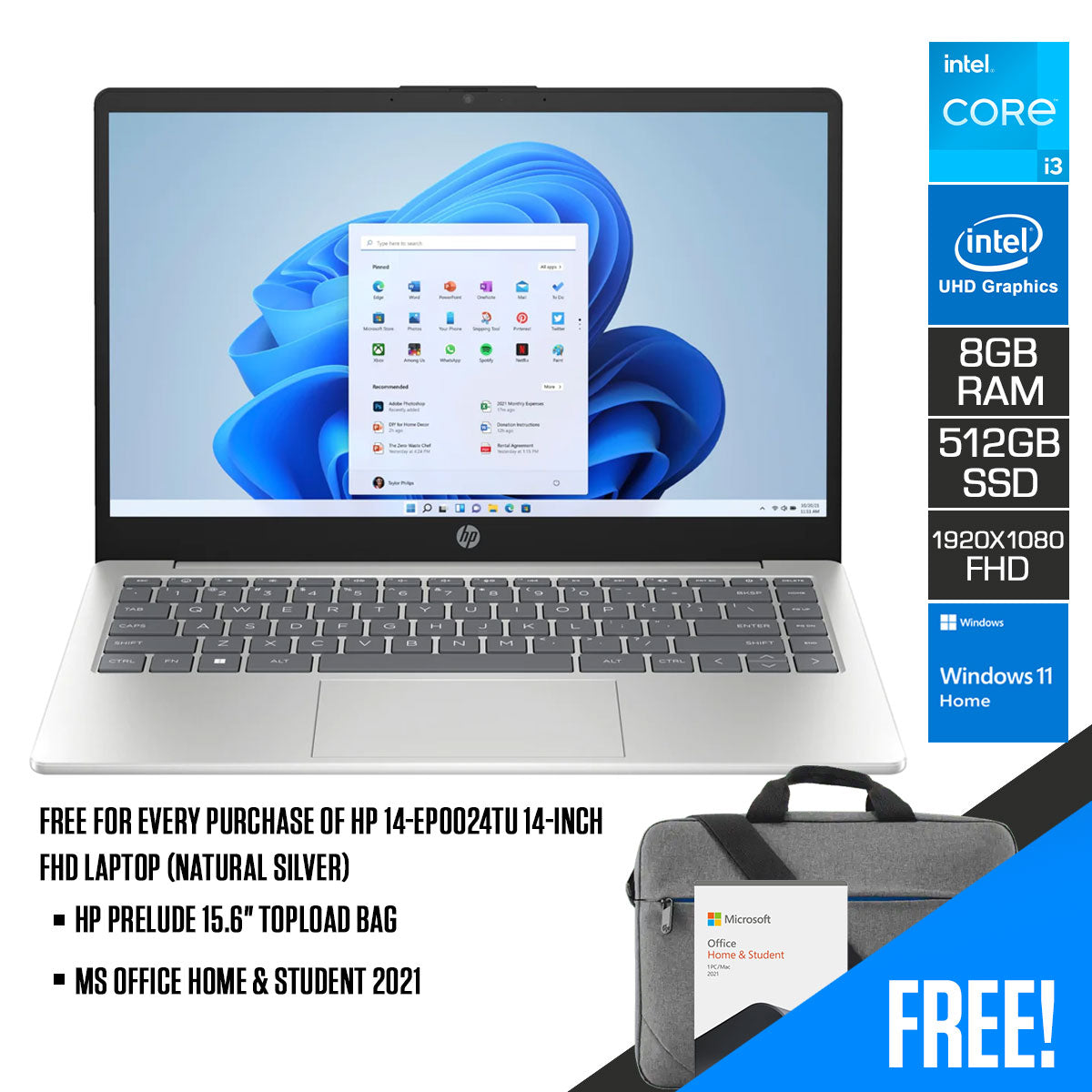 HP 14-EP0024TU Laptop (Natural Silver) | 14” FHD (1920 x 1080) | Intel Core i3 N305 | 8GB DDR4 | 512GB SSD | Intel UHD Graphics | Windows 11 Home | MS Office Home & Student 2021 | HP Prelude 15.6" Topload Bag