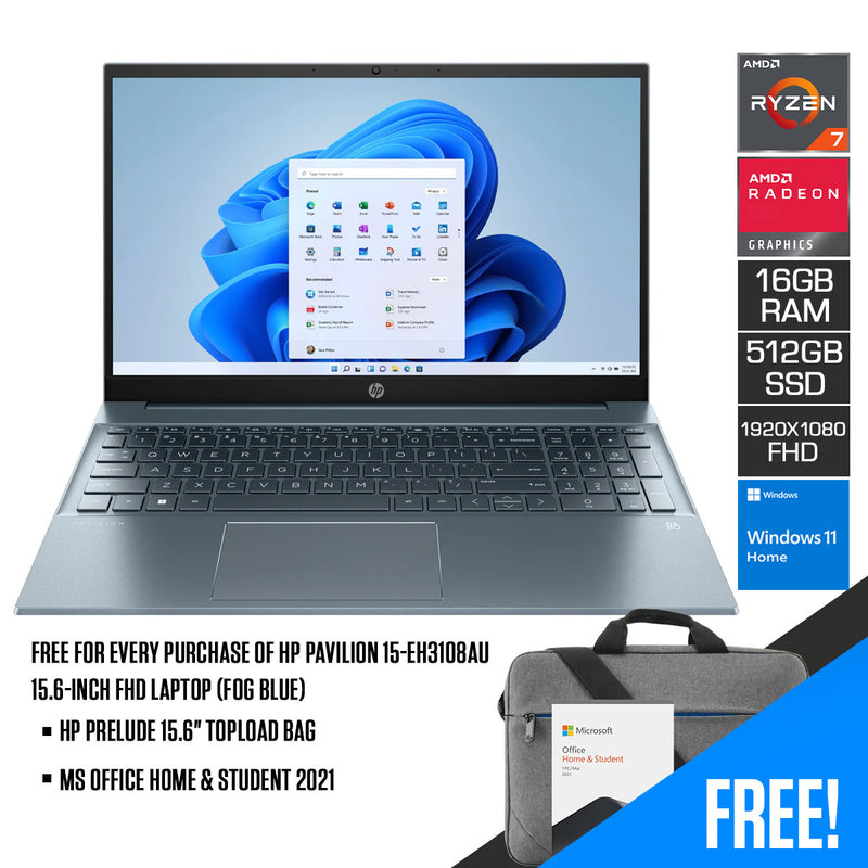HP Pavilion 15-EH3108AU Laptop (Fog Blue) | 15.6” FHD (1920x1080) | Ryzen 7 7730U | 16GB RAM | 512GB SSD | AMD Radeon Graphics | Windows 11 Home | MS Office Home & Student 2021 | HP Prelude 15.6" Topload Bag