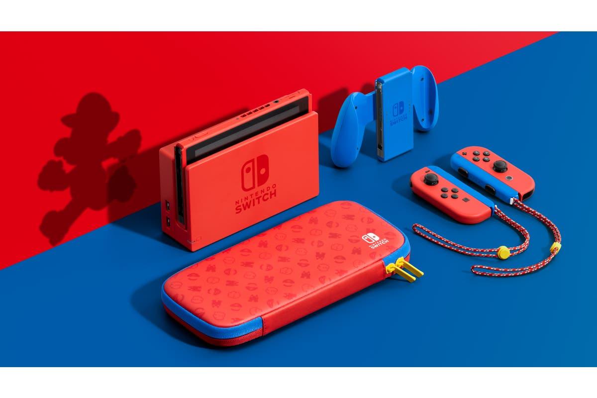 Nintendo Switch Console Mario Red & Blue Edition (Includes Carrying Case) + NSW Dobe Dust-Proof Kit Include Rubber Plug & Toughened Glass Film (TNS-862) Bundle - DataBlitz