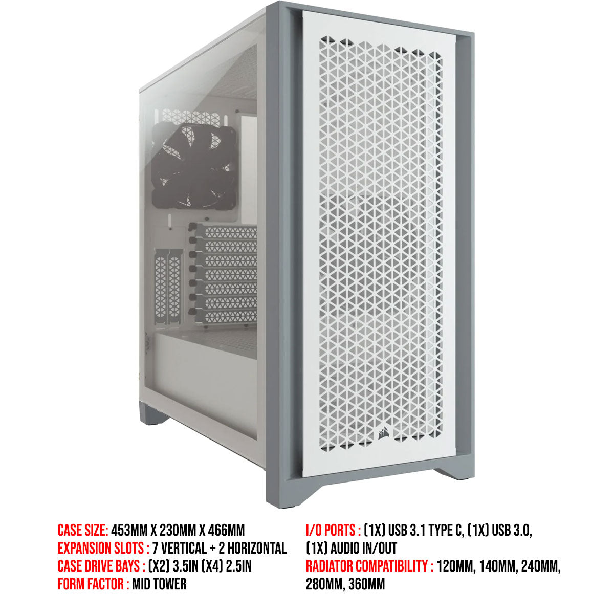 Corsair 4000D Airflow Tempered Glass Mid-Tower ATX Case (White)