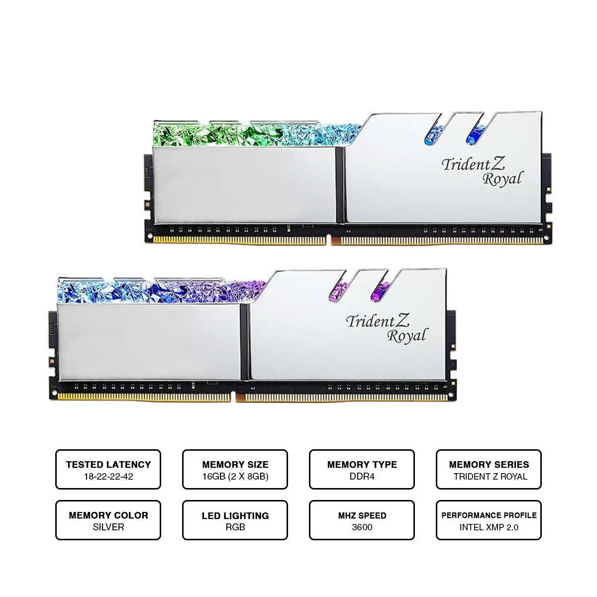G.Skill Trident Z Royal RGB 16GB (2 X 8GB) DDR4 3600MHZ Memory (Silver) (F4-3600C18D-16GTRS) - DataBlitz