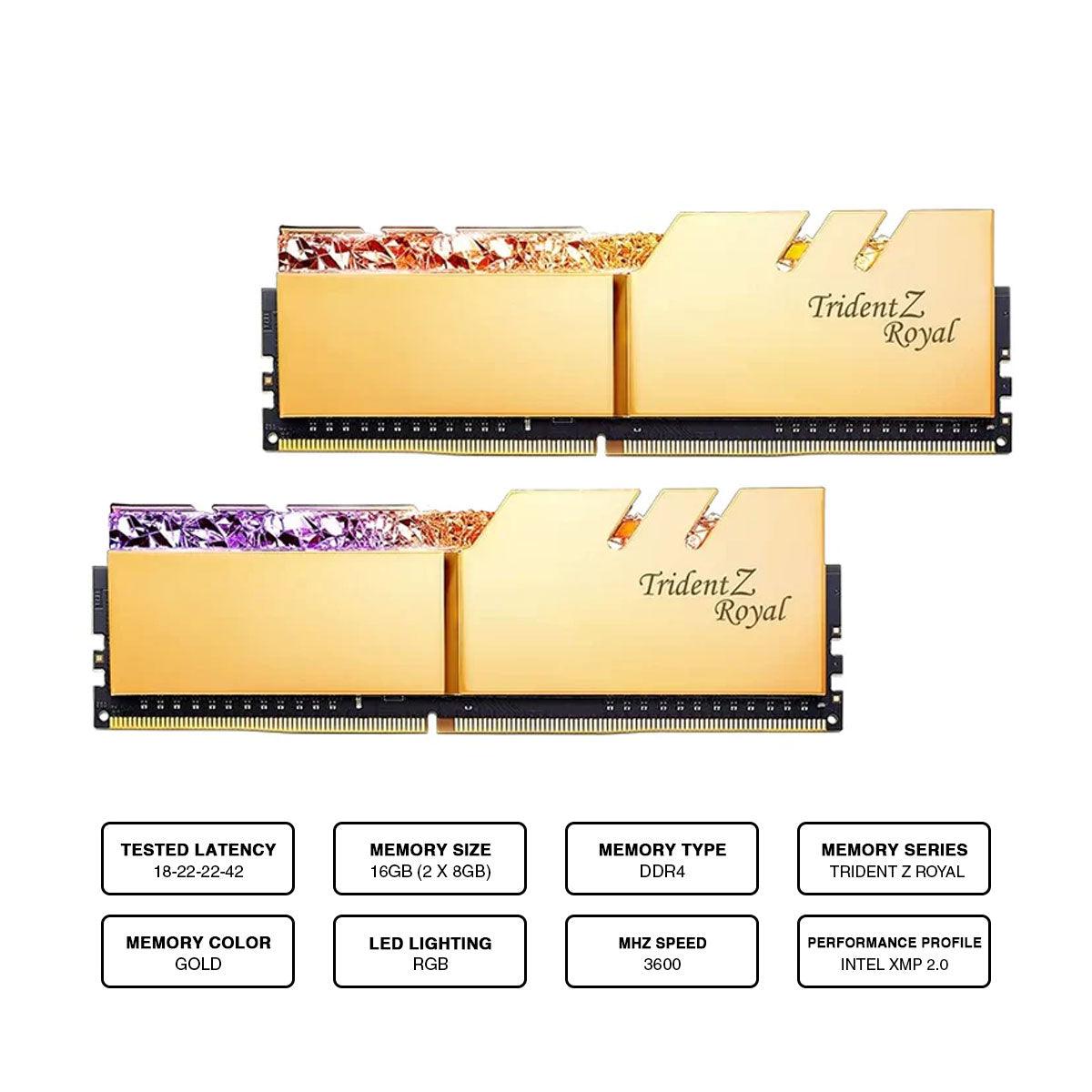 G.Skill Trident Z Royal RGB 16GB (2 X 8GB) DDR4 3600MHZ Memory (Gold) (F4-3600C18D-16GTRG) - DataBlitz