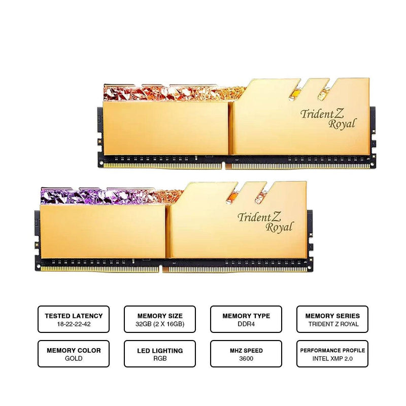 G.Skill Trident Z Royal RGB 32GB (2 X 16GB) DDR4 3600MHZ Memory (Gold) (F4-3600C18D-32GTRG) - DataBlitz