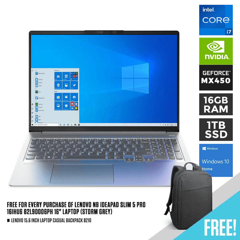 LENOVO NB IDEAPAD SLIM 5 PRO 16IHU6 82L90006PH LAPTOP (STORM GREY) | 16" WQXGA | i7-11370H | 16GB DDR4 | 1TB SSD | MX450 | WIN10 + LENOVO LAPTOP CASUAL BACKPACK B210 - DataBlitz