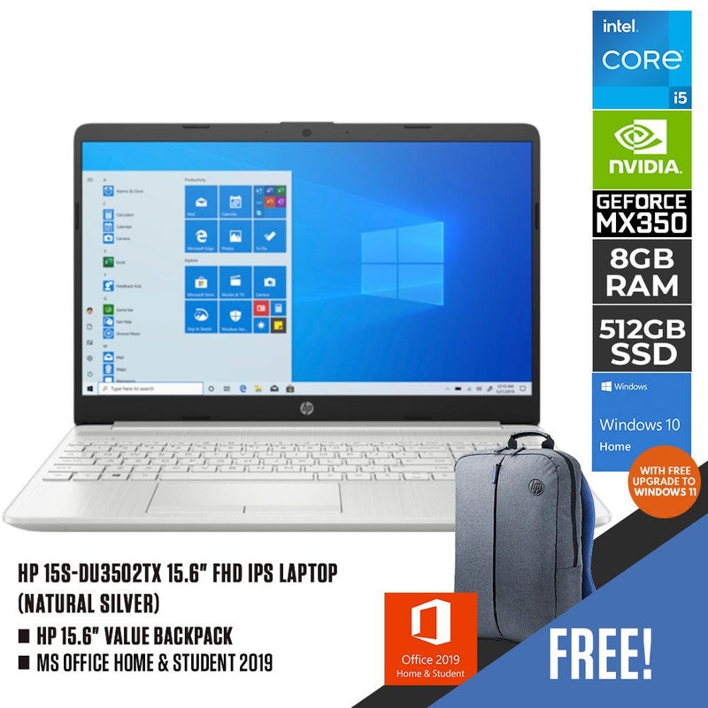 HP 15S-DU3502TX LAPTOP (NATURAL SILVER) | 15.6" FHD | i5-1135G7 | 8GB DDR4 | 512GB SSD | MX350 | WIN10 + MS OFFICE HOME & STUDENT FREE HP 15.6" VALUE BACKPACK - DataBlitz