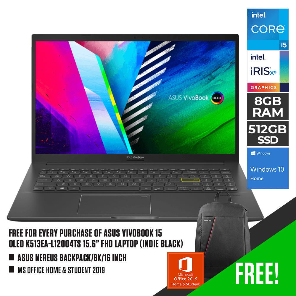 ASUS VIVOBOOK 15 OLED K513EA-L12004TS LAPTOP (INDIE BLACK) | 15.6" FHD | i5-1135G7 | 8GB DDR4 | 512GB SSD | IRIS XE | WIN10 + MS OFFICE HOME & STUDENT 2019 + ASUS NEREUS BACKPACK (BLACK) - DataBlitz