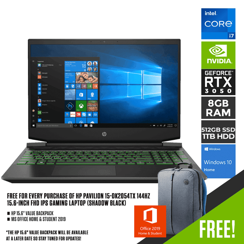 HP PAVILION 15-DK2054TX GAMING LAPTOP (SHADOW BLACK) | 15.6" FHD | i7-11370H | 8GB DDR4 | 512GB SSD + 1TB HDD | RTX 3050 | WIN 10 + MS OFFICE HOME & STUDENT HP PRELUDE TOPLOAD BAG - DataBlitz