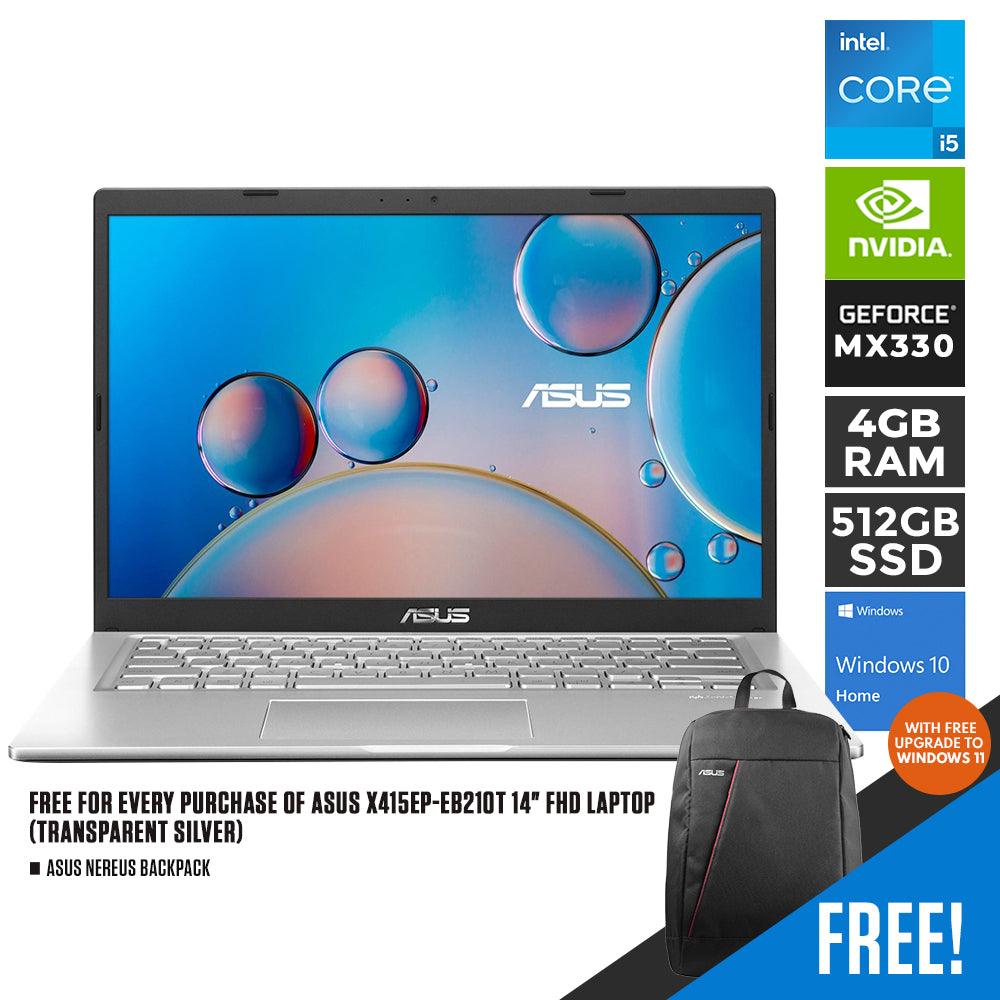 ASUS X415EP-EB210T LAPTOP (TRANSPARENT SILVER) | 14" FHD | i5-1135G7 | 4GB DDR4 | 512GB SSD | MX330 | WIN10 + ASUS NEREUS BACKPACK - DataBlitz
