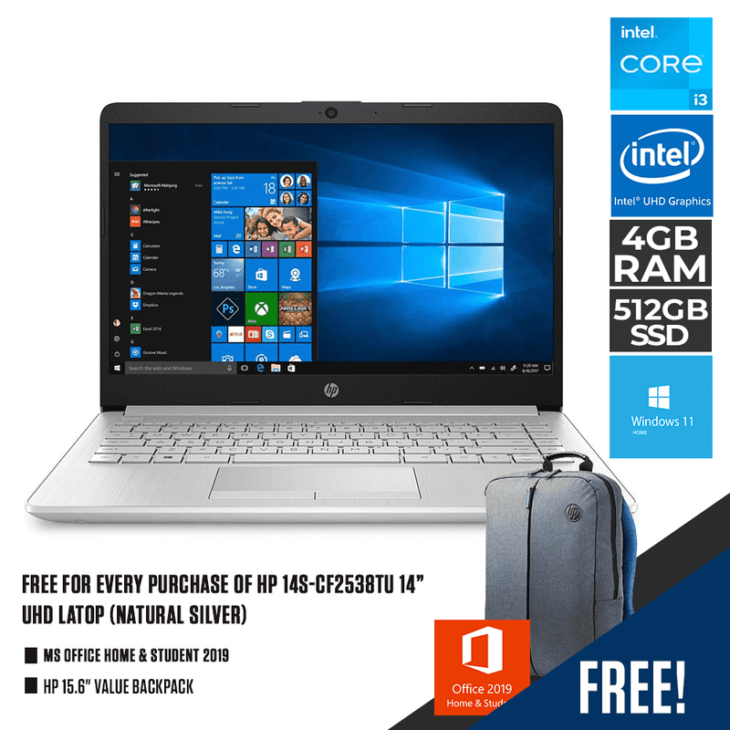 HP 14S-CF2538TU LATOP (NATURAL SILVER) | 14” UHD | i3-10110U | 4 GB DDR4 | 512 GB SSD | UHD GRAPHICS | WIN11 + MS OFFICE HOME & STUDENT HP 15.6" VALUE BACKPACK - DataBlitz