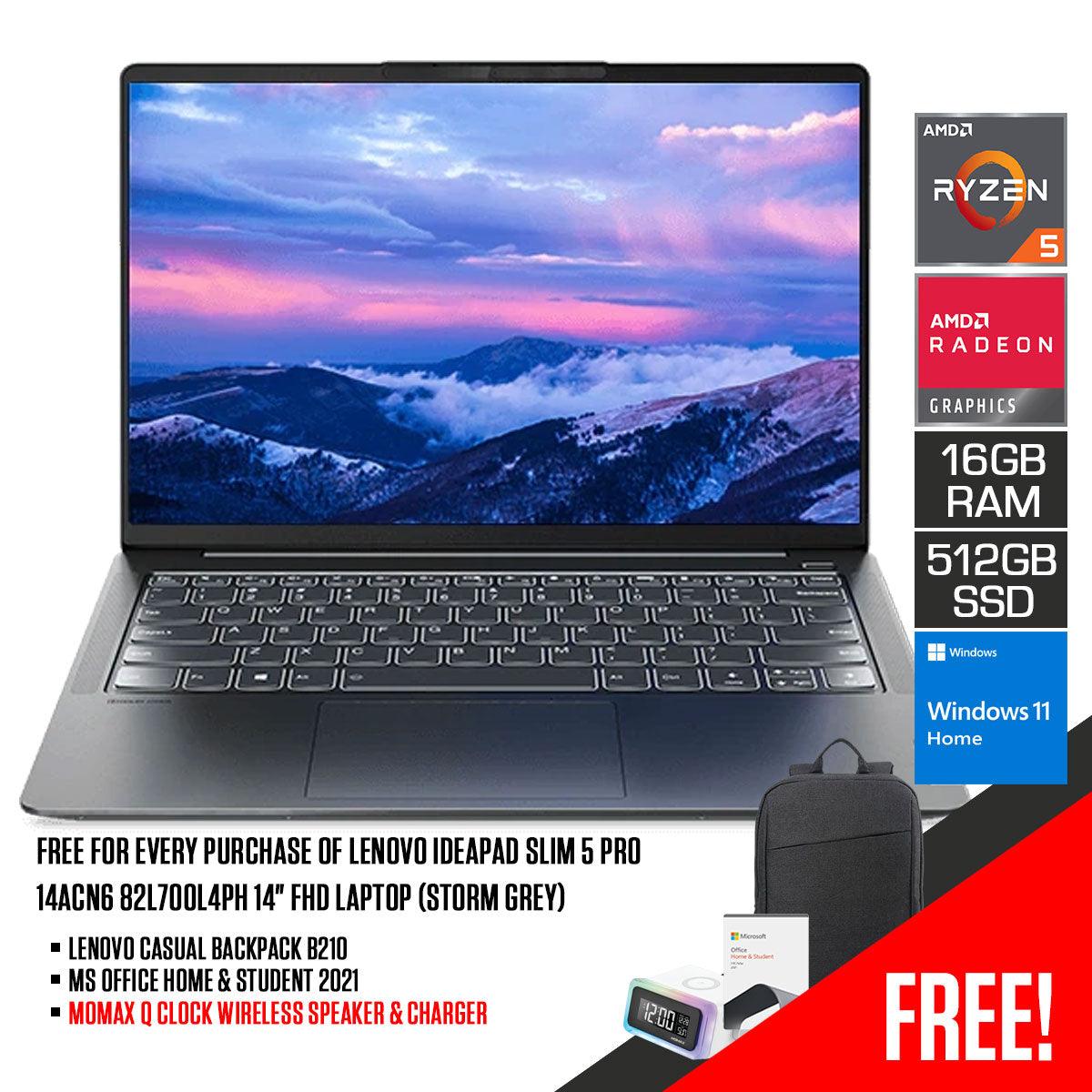 LENOVO IDEAPAD SLIM 5 PRO 14ACN6 82L700L4PH LAPTOP (STORM GREY) | 14" FHD | RYZEN 5 5600U | 16GB DDR4 | 512GB SSD | AMD RADEON | WIN11 + MS OFFICE HOME & STUDENT 2021 + LENOVO CASUAL BACKPACK B210 - DataBlitz