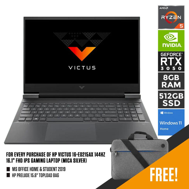 HP VICTUS 16-E0215AX 144HZ GAMING LAPTOP (MICA SILVER) | 16.1” FHD | RYZEN 5 5600H | 8GB DDR4 | 512GB SSD | RTX3050 | WIN11 + MS OFFICE HOME & STUDENT 2019 + HP PRELUDE 15.6" TOPLOAD BAG - DataBlitz