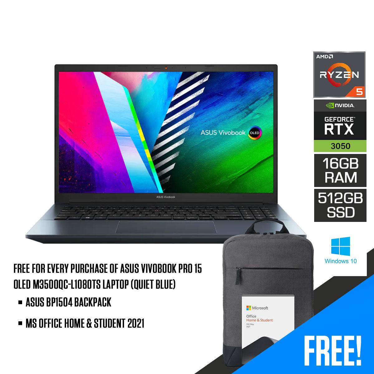 ASUS Vivobook Pro 15 OLED M3500QC-L1080TS Laptop (Quiet Blue) | 15.6" FHD | 16GB DDR4 | 512GB SSD | RTX™ 3050 | Windows 10 Home |  MS Office Home & Student 2021 | ASUS BP1504 Casual Backpack - DataBlitz