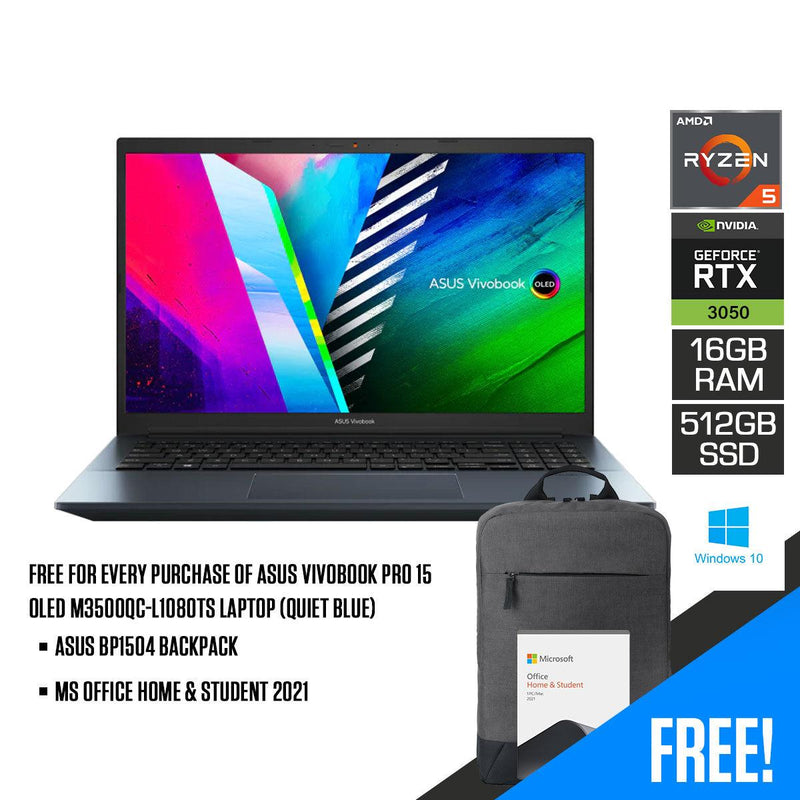 ASUS Vivobook Pro 15 OLED M3500QC-L1080TS Laptop (Quiet Blue) | 15.6" FHD | 16GB DDR4 | 512GB SSD | RTX™ 3050 | Windows 10 Home |  MS Office Home & Student 2021 | ASUS BP1504 Casual Backpack - DataBlitz
