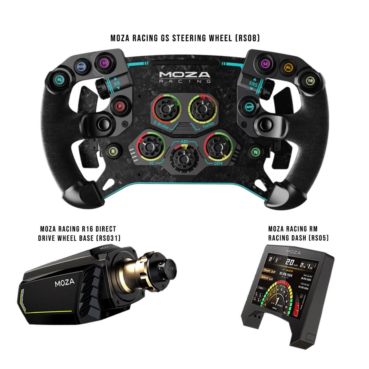MOZA Racing GS Steering Wheel (RS08) + MOZA Racing R16 Direct Drive Wheel Base (Black) (RS031) + MOZA Racing RM Racing Dash (RS05) - DataBlitz