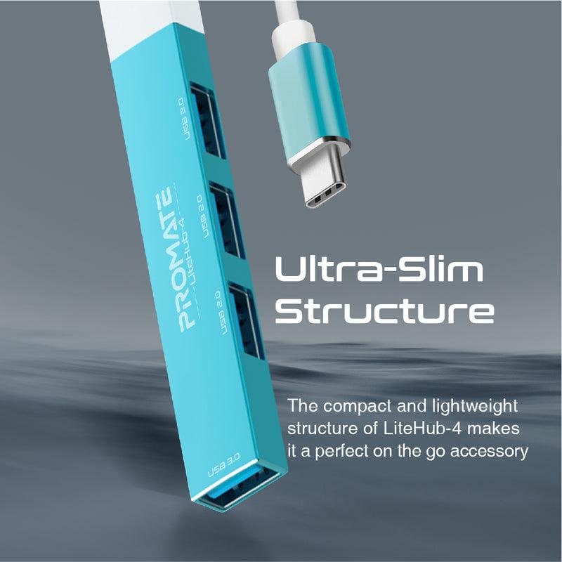PROMATE Litehub-4 4-In-1 Multi-Port USB-C Data Hub (Blue) - DataBlitz