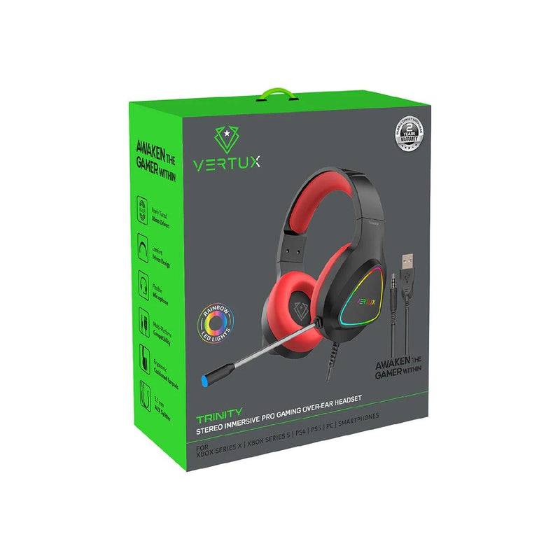 VERTUX TRINITY STEREO IMMERSIVE PRO GAMING OVER-EAR WIRED HEADPHONE (RED) - DataBlitz