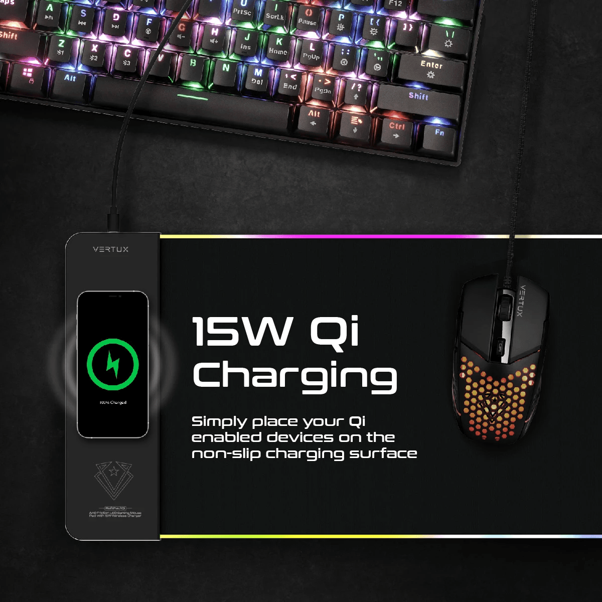VERTUX RAFTPAD-QI ANTI-FRICTION LED GAMING MOUSE PAD WITH 15W WIRELESS CHARGER BLACK - DataBlitz